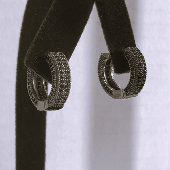 Mens 2ct Black Diamond Round Hoop Earrings Guys Rhodium Silver Jewelry Studs ct - Picture 7 of 9